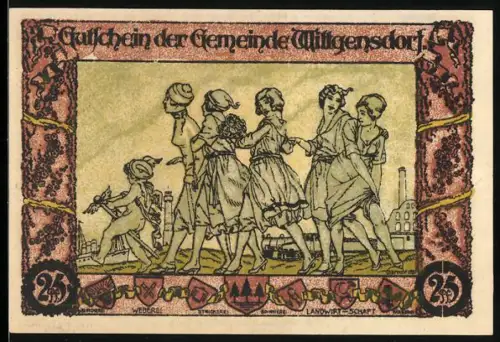 Notgeld Wittgensdorf 1921, 25 Pfennig, Tanzende Frauen und Narr auf Esel