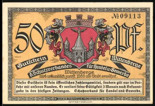 Notgeld Wittenberge, 50 Pf, Wappen mit Burg und Rathausansicht
