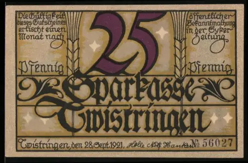 Notgeld Twistringen 1921, 25 Pfennig, Erntearbeiter und Windmühle im Hintergrund
