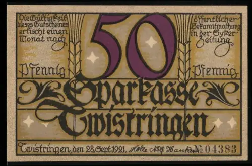 Notgeld Twistringen 1921, 50 Pfennig, Frau mit Getreidebündel und landwirtschaftlichen Motiven