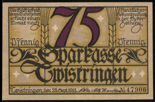 Notgeld Twistringen 1921, 75 Pfennig, Frau mit Schwein und Glocken