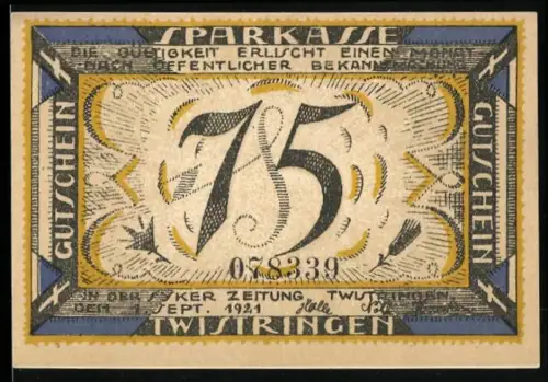 Notgeld Twistringen 1921, 75 Pfennig, Glocke und Figur mit Eimer und Flamme