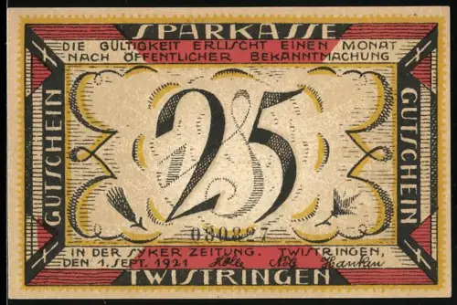 Notgeld Twistringen 1921, 25 Pfennig, Drucker an der Presse