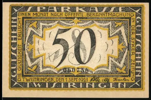 Notgeld Twistringen 1921, 50 Pfennig, Landschaft mit Kirche und Strohfeldern