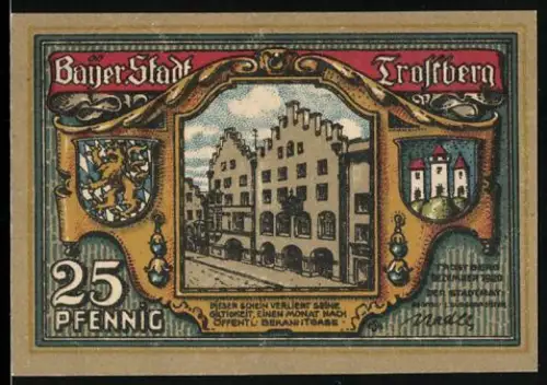 Notgeld Trostberg 1920, 25 Pfennig, Ortsansicht mit Wappen und Gebäuden