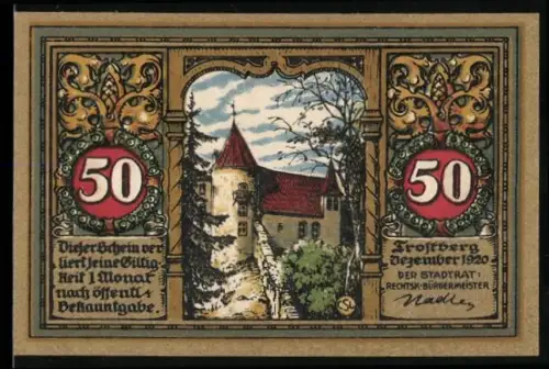 Notgeld Trostberg 1920, 50 Pf., Burgturm im Winter und zwei Wappen