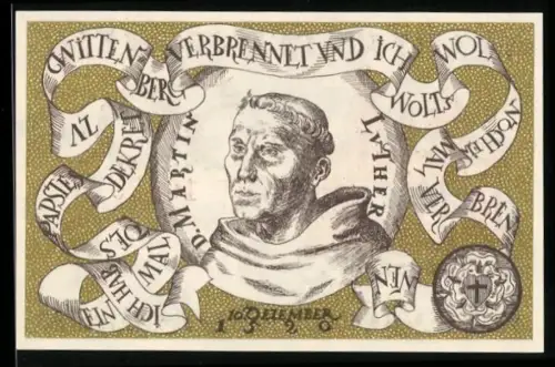 Notgeld Wittenberg 1920, 50 Pf, Porträt von Martin Luther und rotes Schloss mit Wappen