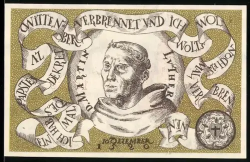 Notgeld Wittenberg 1920, 50 Pf, Martin Luther Porträt und Stadttor mit Wappen