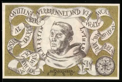 Notgeld Wittenberg 1920, 50 Pfennig, Martin Luther Porträt und Stadtwappen mit Burgmotiv