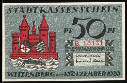 Notgeld Wittenberg 1920, 50 Pf, Burg und Martin Luther Porträt mit Spruchband