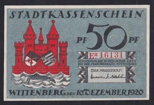 Notgeld Wittenberg 1920, 50 Pf, Burg und Martin Luther Porträt mit Spruchband