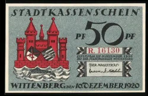 Notgeld Wittenberg 1920, 50 Pfennig, rotes Schloss und Martin Luther Porträt