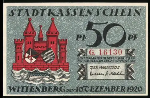 Notgeld Wittenberg 1920, 50 Pfennig, Burg und Martin Luther Porträt