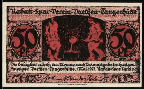 Notgeld Vaethen-Tangerhütte 1921, 50 Pf, Schmiedeszene und Neues Schloss