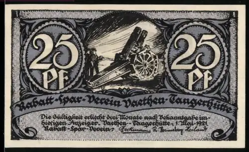 Notgeld Vaethen-Tangerhütte 1921, 25 Pf, Kanonen auf Schiessplatz und Truppen in Formation