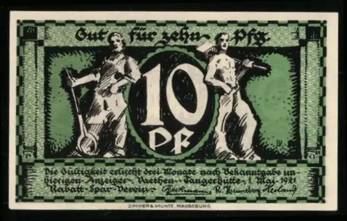 Notgeld Vaethen-Tangerhütte 1921, 10 Pfennig, Arbeiter mit Werkzeugen und Rathausansicht