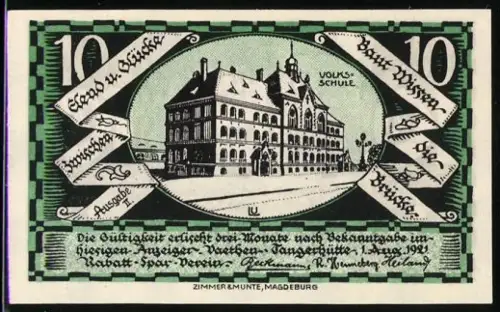 Notgeld Vaethen-Tangerhütte 1921, 10 Pf., Volksschule und Rathaus Illustrationen