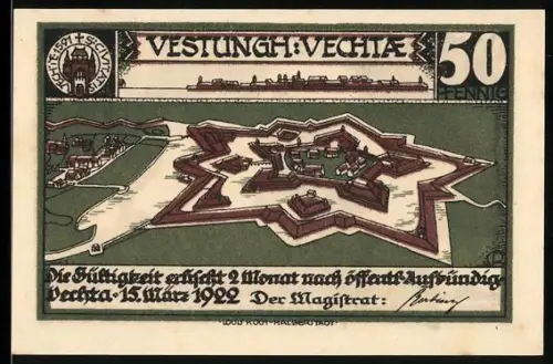 Notgeld Vechta 1922, 50 Pfennig, Festung Vechta und Silhouette eines Mannes mit Axt