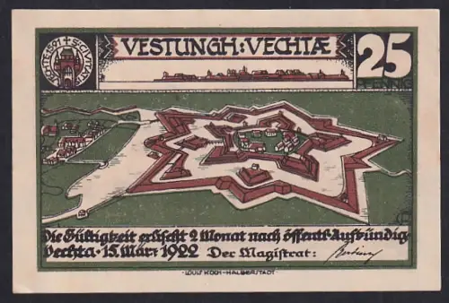 Notgeld Vechta 1922, 25 Pfennig, Festung und Reitersilhouette vor Stadtkulisse