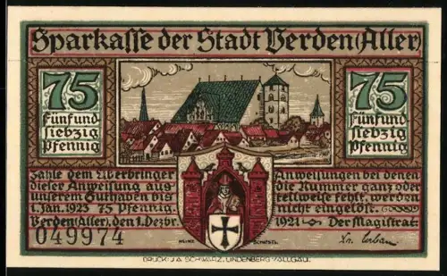 Notgeld Verden /Aller 1921, 75 Pfennig, Ortsansicht und Sagenmotiv mit Teufelsfigur