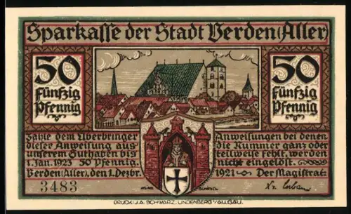 Notgeld Verden /Aller 1921, 50 Pfennig, Ortsansicht und historische Bestrafungsszene