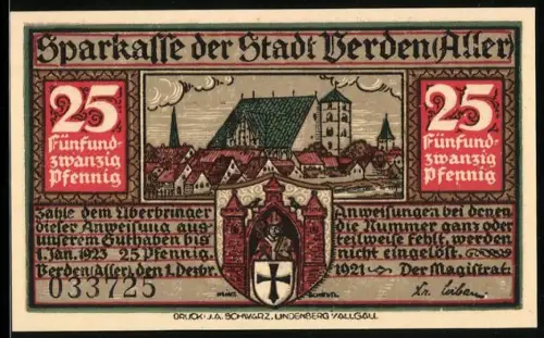 Notgeld Verden /Aller 1921, 25 Pfennig, Ortsansicht und Störtebeker-Legende mit Silhouetten