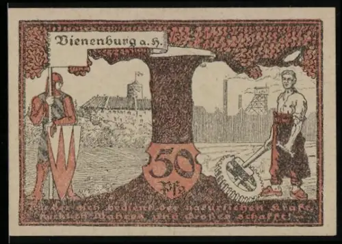 Notgeld Vienenburg a. H. 1921, 50 Pfennig, Ritter und Arbeiter mit Fabrik und Baum, Wappen