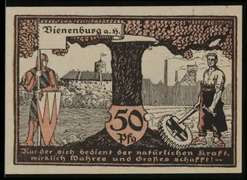 Notgeld Vienenburg a. H. 1921, 50 Pfennig, Ritter und Arbeiter mit Zahnrad unter Baum