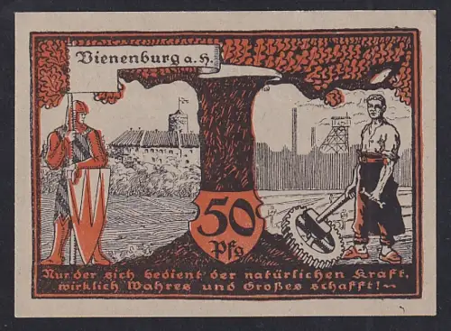 Notgeld Vienenburg a.H. 1921, 50 Pfennig, Ritter und Arbeiter mit Maschinenrad vor Fabrik und Burg