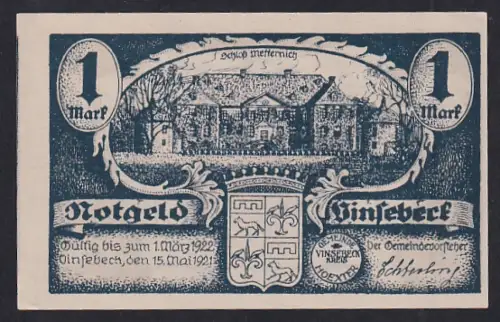 Notgeld Vinsebeck 1921, 1 Mark, Schloss Metternich und Kirche-Motiv mit Wappen
