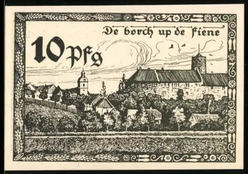 Notgeld Vienenburg 1921, 10 Pfennig, Ortsansicht mit Burg und Kirche