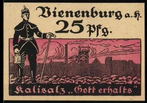 Notgeld Vienenburg a.H. 1921, 25 Pfennig, Bergmann mit Grubenlandschaft und Kalibergwerk
