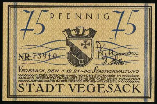 Notgeld Vegesack 1921, 75 Pfennig, Wappen und Dampfer Die Gazelle vor Vegesacker Bergen
