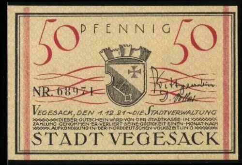 Notgeld Vegesack 1921, 50 Pfennig, Stadtwappen und Kirche mit Bäumen