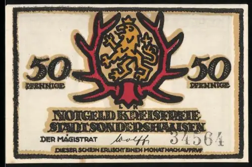 Notgeld Sondershausen, 50 Pfennig, Löwenwappen und Figur mit Rückenansicht