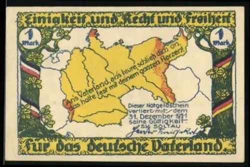Notgeld Soltau 1921, 1 Mark, Karte von Deutschland und Statue eines Mannes