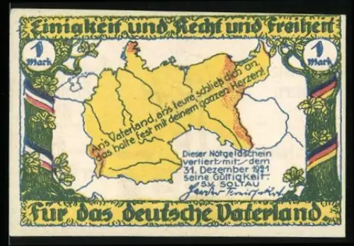 Notgeld Soltau 1921, 1 Mark, Karte des Deutschen Reichs und Statue eines Mannes mit Mantel und Schwert