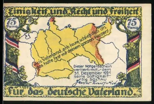 Notgeld Soltau 1921, 75 Pfennig, Landkarte und Denkmal mit patriotischen Texten