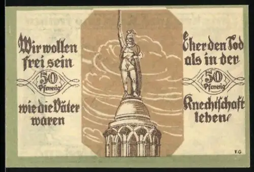 Notgeld Soltau 1921, 50 Pfennig, Statue und Landkarte mit patriotischen Sprüchen