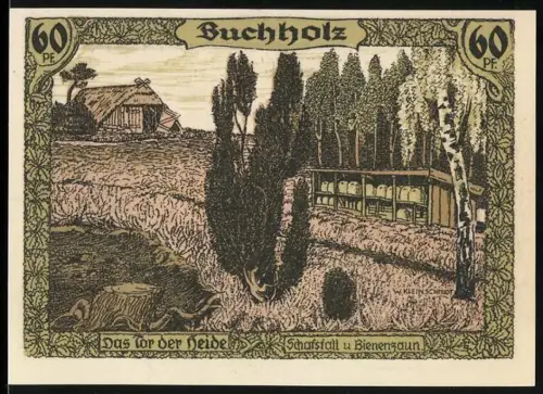 Notgeld Soltau 1925, 60 Pfennig, Landschaft mit Bienenzaun und Lüneburger Heide Karte