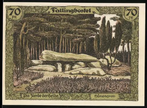 Notgeld Soltau 1925, 70 Pf, Hünengrab und Lüneburger Heide mit Karte und Heidedichter
