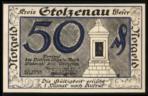 Notgeld Stolzenau /Weser 1921, 50 Pfennig, Wilhelm Busch Denkmal und satirisches Zitat über Enthaltsamkeit