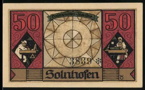 Notgeld Solnhofen 1921, 50 Pf., Lithographie-Erfinder Aloys Senefelder, Bodenplatten-Industrie