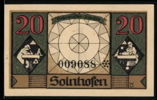 Notgeld Solnhofen 1921, 20 Pfennig, Alois Senefelder und Lithografie-Motive