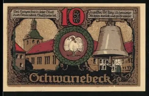 Notgeld Schwanebeck 1921, 10 Pfennig, Schwan und Kirchenglocke mit Gebäuden im Hintergrund