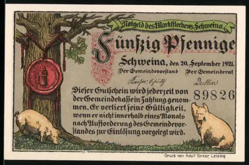 Notgeld Schweina 1921, 50 Pfennig, Schweine unter Baum und Felslandschaft mit Kreuz