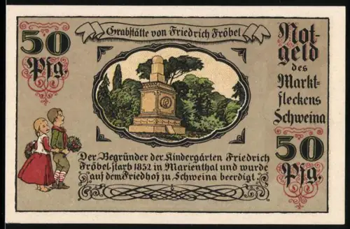 Notgeld Schweina 1921, 50 Pfennig, Gedenkstätte Friedrich Fröbel und Schweine unter einem Baum