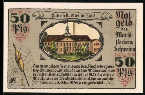 Notgeld Schweina 1921, 50 Pfennig, Gebäude und Schweine unter Baum mit Siegel