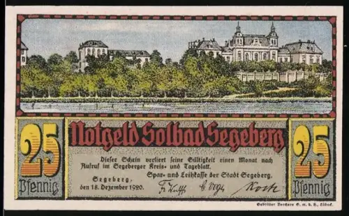 Notgeld Segeberg 1920, 25 Pfennig, Gebäude und roter Turm mit Wappen