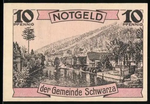 Notgeld Schwarza /Saale 1921, 10 Pfennig, Flusslandschaft und Gedicht